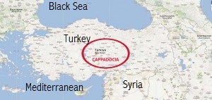 Map of Turkey with ancient Cappadocia circled