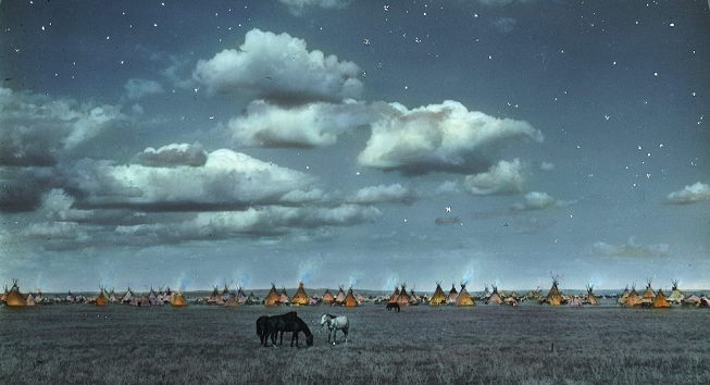 Blackfeet camp at night. Montana. 1800s. Glass lantern slide by Walter McClintock. Source - Yale Collection of Western Americana, Beinecke Rare Book and Manuscript Library.png
