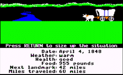 Screenshot from the old Apple 2 series MECC Oregon Trail game - 1980s